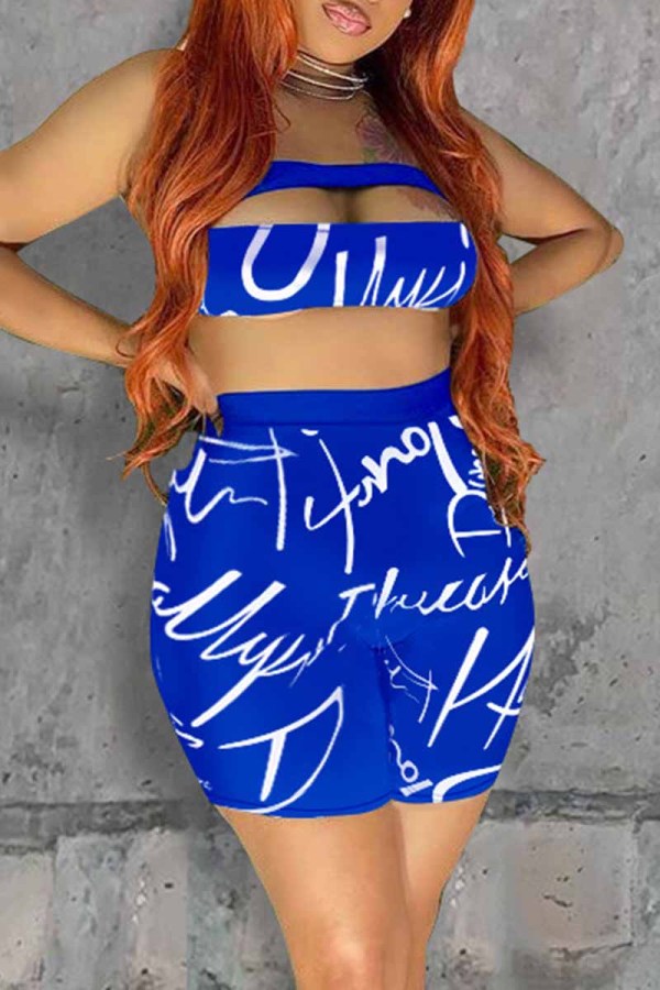 Blue Fashion Sexy Letter Print Hollowed Out Backless Strapless Sleeveless Two Pieces