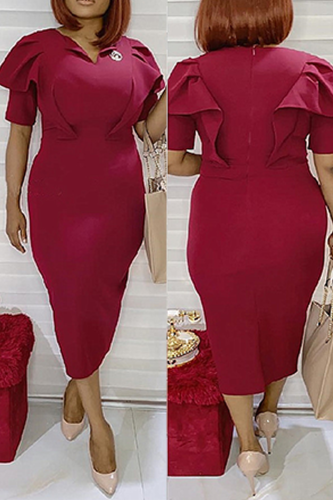 Red Fashion Solid Flounce V Neck Pencil Skirt Dresses
