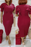 Red Fashion Solid Flounce V Neck Pencil Skirt Dresses