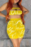 Yellow Fashion Sexy Letter Print Hollowed Out Backless Strapless Sleeveless Two Pieces
