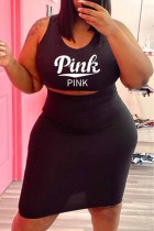 Black Sexy Casual Letter Print Vests O Neck Plus Size Two Pieces