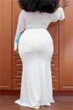 White Fashion Casual Solid Patchwork Beading V Neck Long Sleeve Plus Size Dresses