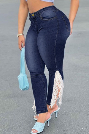 Deep Blue Casual Street Solid Tassel Patchwork Asymmetrical Plus Size Jeans