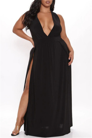 Black Fashion Sexy Plus Size Solid Patchwork Slit V Neck Long Dress