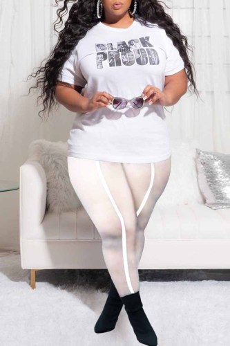 White Fashion Casual Letter Print See-through O Neck Plus Size Two Pieces