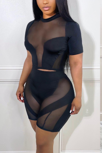 Black Fashion Sexy Sportswear Patchwork See-through O Neck Short Sleeve Two Pieces
