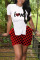 Red Casual Print Split Joint Slit O Neck Short Sleeve Two Pieces
