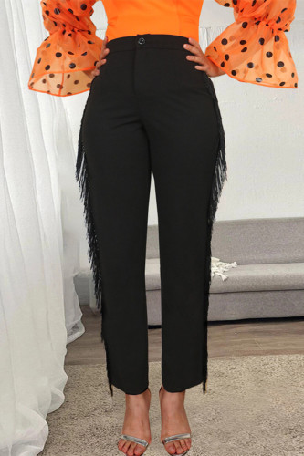 Black Fashion Casual Solid Tassel Patchwork Regular High Waist Trousers
