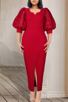 Red Fashion Casual Solid Split Joint Slit V Neck Evening Dress Dresses