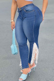 Deep Blue Casual Street Solid Tassel Patchwork Asymmetrical Plus Size Jeans