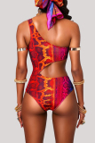 Red Fashion Sexy Print Hollowed Out Backless Swimwears (With Paddings)
