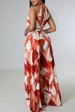 Red Casual Print Bandage Patchwork O Neck Straight Jumpsuits