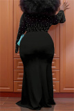 Black Fashion Casual Solid Patchwork Beading V Neck Long Sleeve Plus Size Dresses