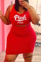 Red Sexy Casual Letter Print Vests O Neck Plus Size Two Pieces