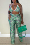 Green Fashion Sexy Print Bandage Backless Halter Plus Size Two Pieces