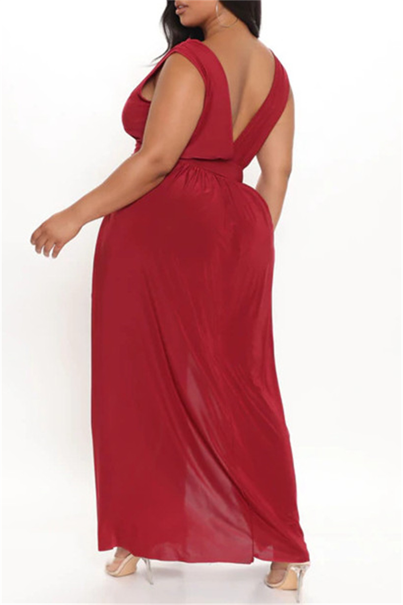 Wholesale Red Fashion Sexy Plus Size Solid Patchwork Slit V Neck Long Dress K46970 2 Online 