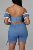 Blue Sexy Solid Bandage Patchwork Backless Off the Shoulder Short Sleeve Two Pieces