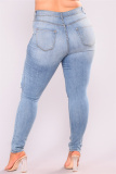 Light Blue Fashion Casual Patchwork Solid Ripped Plus Size Jeans