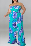 Blue Fashion Casual Print Backless Strapless Plus Size Jumpsuits