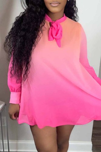 Pink Fashion Casual Gradual Change Print Basic O Neck Long Sleeve Dresses