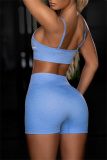 Sky Blue Casual Sportswear Solid Backless Vest Shorts Two Piece Set
