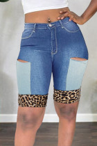 Medium Blue Fashion Casual Patchwork Leopard Ripped High Waist Skinny Denim Shorts