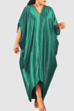 Green Casual Solid Patchwork V Neck Irregular Dress Plus Size Dresses