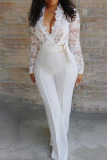 White Elegant Solid Patchwork See-through V Neck Straight Jumpsuits