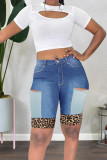 Medium Blue Fashion Casual Patchwork Leopard Ripped High Waist Skinny Denim Shorts
