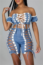 Blue Sexy Solid Bandage Split Joint Backless Off the Shoulder Short Sleeve Two Pieces