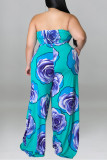 Blue Fashion Casual Print Backless Strapless Plus Size Jumpsuits