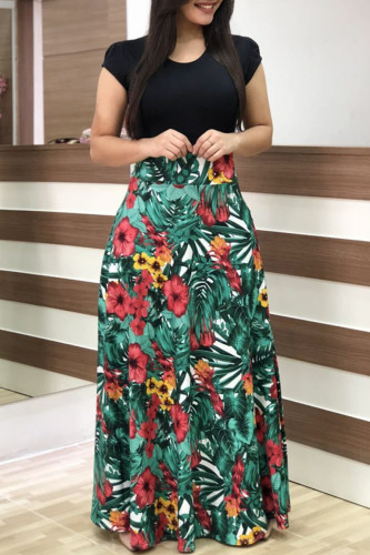 Black Green Fashion Casual Print Patchwork O Neck Short Sleeve Dress