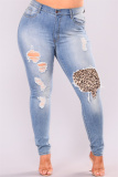 Light Blue Fashion Casual Patchwork Solid Ripped Plus Size Jeans