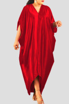 Red Casual Solid Split Joint V Neck Irregular Dress Plus Size Dresses