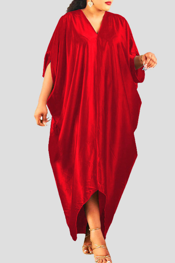 Red Casual Solid Patchwork V Neck Irregular Dress Plus Size Dresses