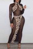 Black Fashion Sexy Print Leopard Patchwork See-through Turtleneck Long Sleeve Dresses