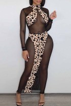 Black Fashion Sexy Print Leopard Split Joint See-through Turtleneck Long Sleeve Dresses