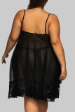 Black Fashion Sexy Plus Size Living Solid See-through Backless V Neck Sling Dress