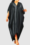 Black Casual Solid Patchwork V Neck Irregular Dress Plus Size Dresses