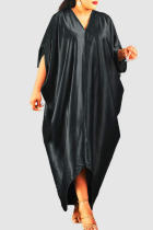 Black Casual Solid Split Joint V Neck Irregular Dress Plus Size Dresses
