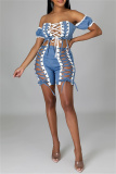 Blue Sexy Solid Bandage Patchwork Backless Off the Shoulder Short Sleeve Two Pieces