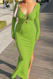 Green Fashion Casual Solid Bandage Hollowed Out Slit V Neck Long Sleeve Dresses