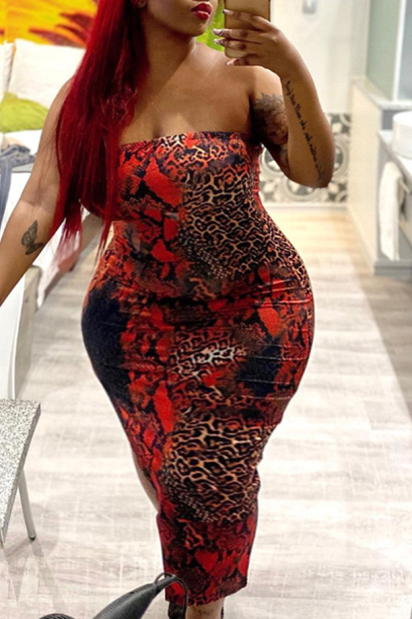 Red Sexy Casual Print Backless Strapless Plus Size Dresses