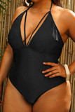Black Fashion Sexy Print Solid Bandage Backless Plus Size Swimwear (With Paddings)