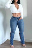 Medium Blue Fashion Casual Solid Ripped Hollowed Out Plus Size Jeans