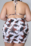Multicolor Sexy Print Hollowed Out Backless Halter Plus Size Swimwear Three-piece Set (With Paddings)