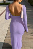 Light Purple Fashion Casual Solid Bandage Hollowed Out Slit V Neck Long Sleeve Dresses