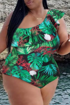 Green Fashion Sexy Print Backless One Shoulder Plus Size Swimwear (With Paddings)
