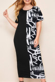 Black And White Fashion Casual Print Patchwork O Neck Plus Size Dresses