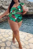 Green Fashion Sexy Print Backless One Shoulder Plus Size Swimwear (With Paddings)